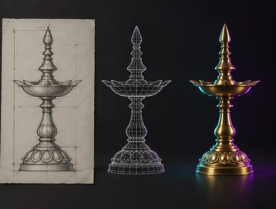 A pencil sketch of a brass lamp turned into a 3D wireframe and a finished design
